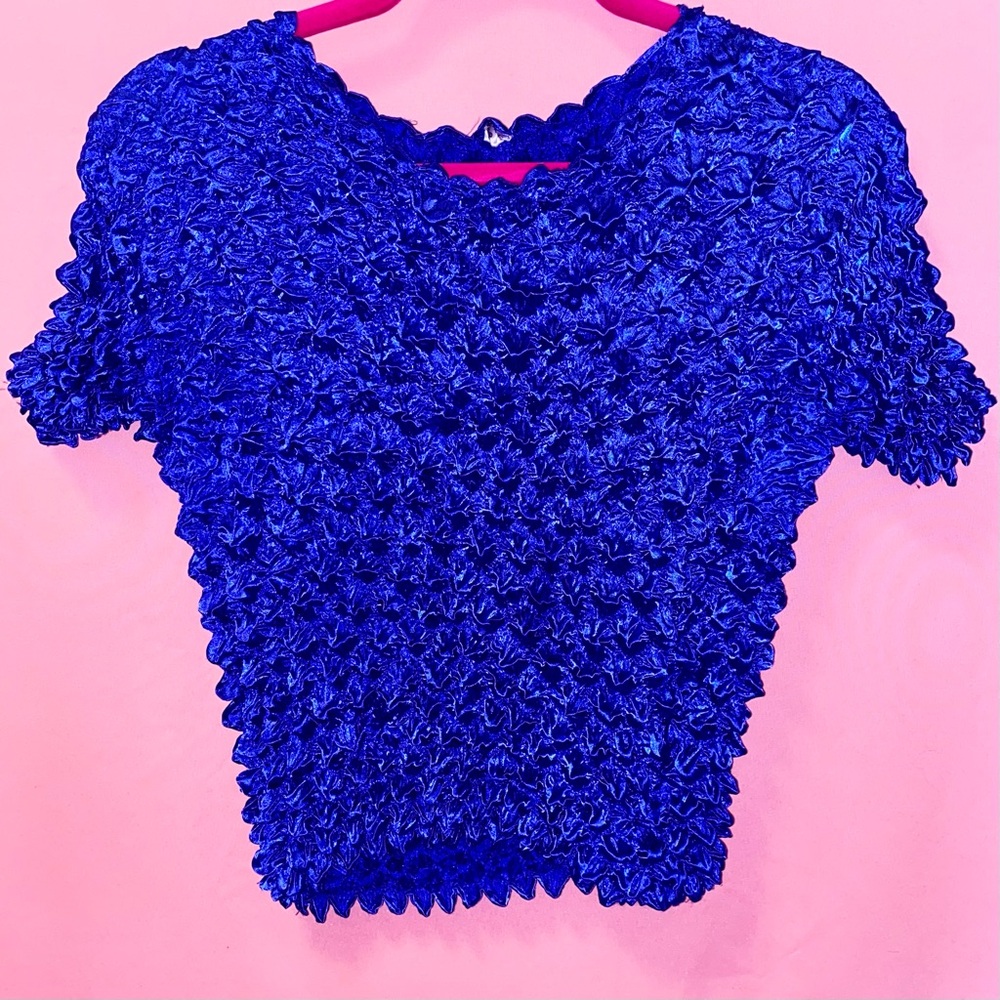 Blue Bubble 1990s Crop Top Popcorn/Scrunch/Spiky Y2K Stretch Vintage Retro F.C.